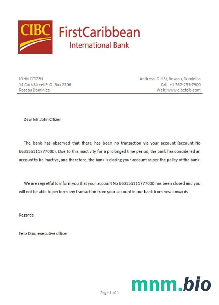 Przykład odniesienia zamknięcia Dominica CIBC w formatach Word i PDF